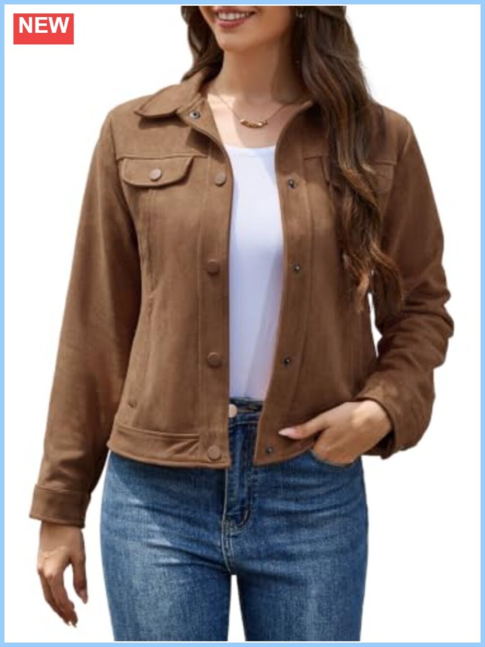 Faux Suede Bomber Jacket Button Down Lapel Collar Casual